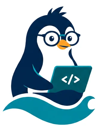 Cartoon penguin wearing glasses holding a laptop with a code symbol, sitting on a teal wave.
