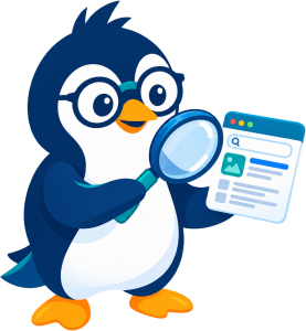 Cartoon penguin with a magnifying glass, choosing the best WordPress plugins