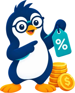 Cartoon penguin holding a price tag, answering questions about the best WordPress plugins
