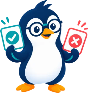 Cartoon penguin comparing two plugin cards, choosing the best WordPress plugins