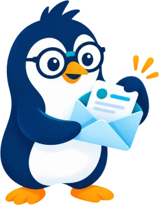 Cartoon penguin holding an envelope, ready to contact ShoreZella support